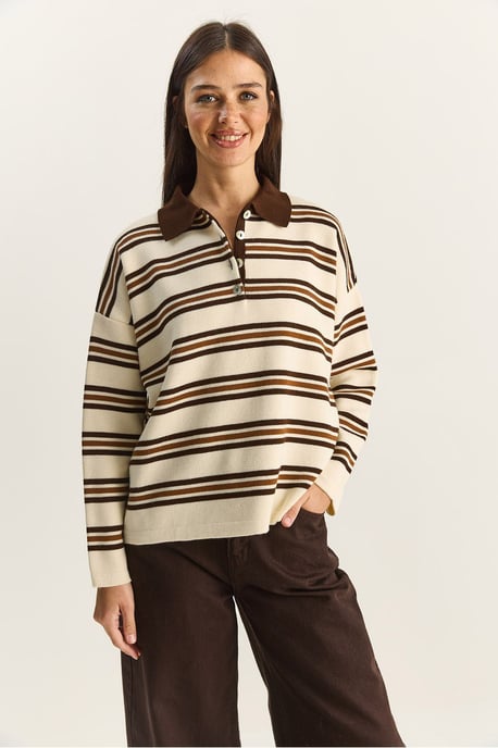 Randig Polocravat Knapplångtröja - Image 2