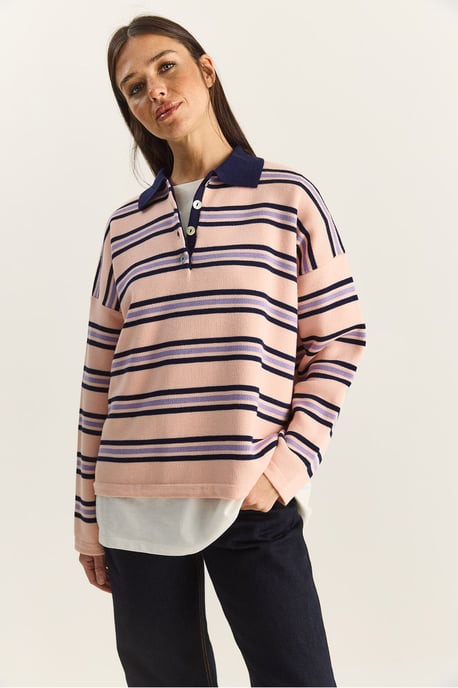 Randig Polocravat Knapplångtröja - Image 2