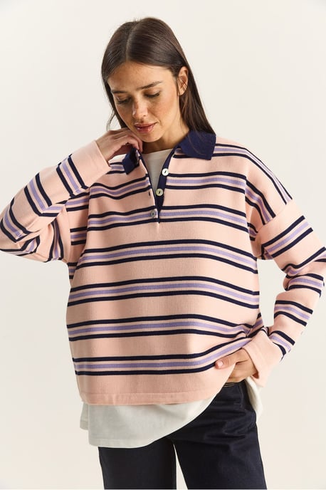 Randig Polocravat Knapplångtröja - Image 3