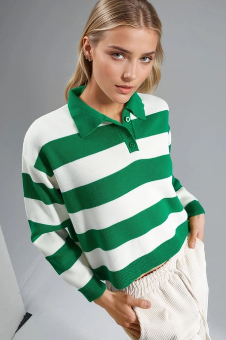 Striped Knit Polo Collar Sweater - Image 1