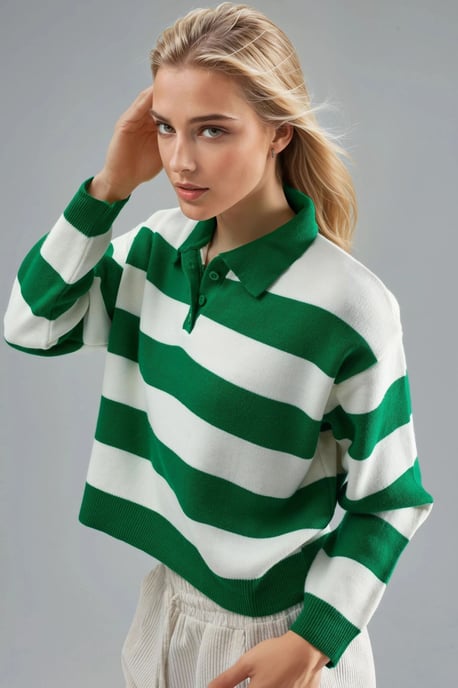 Striped Knit Polo Collar Sweater - Image 2
