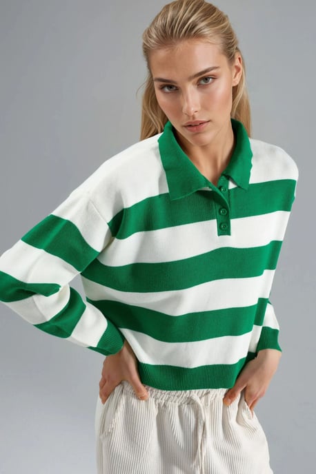 Striped Knit Polo Collar Sweater - Image 4