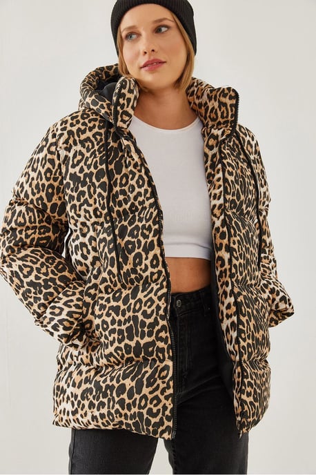 Thick Leopard Print Puffer Jacket with Zipper Collar - Image 3