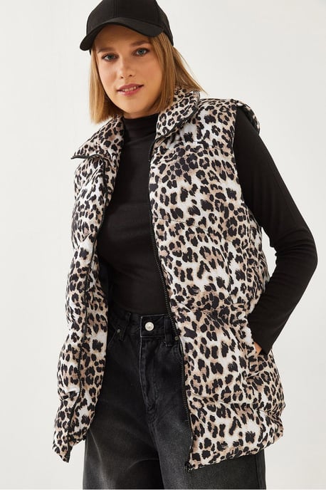 Leopardprint Mouwloze Nepleer Puffer Jacket - Image 1