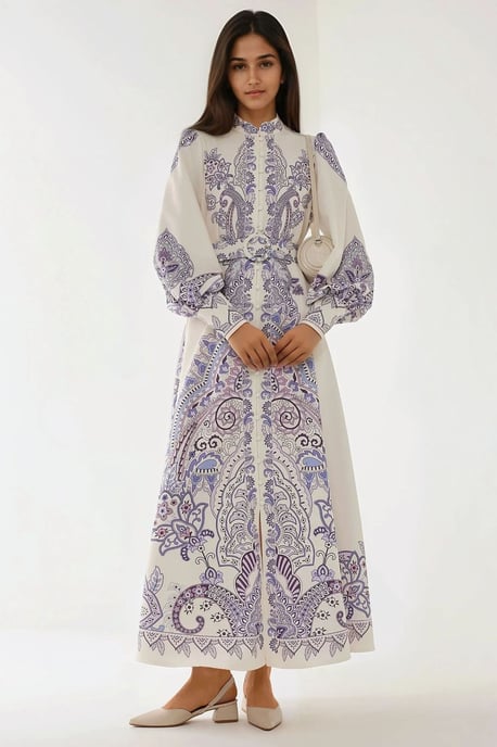 Printed Long Sleeve Maxi Dress with Belt - Image 1