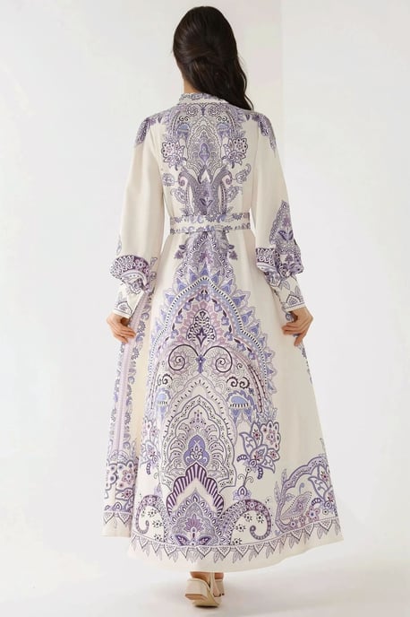 Printed Long Sleeve Maxi Dress with Belt - Image 3
