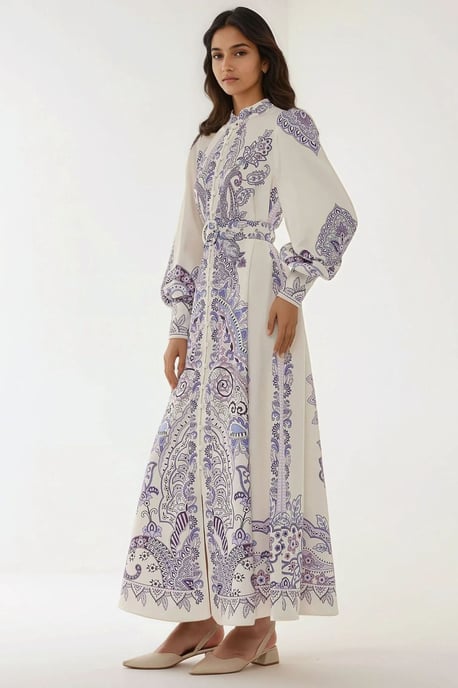 Printed Long Sleeve Maxi Dress with Belt - Image 4