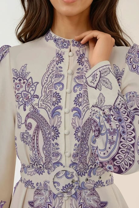 Printed Long Sleeve Maxi Dress with Belt - Image 5