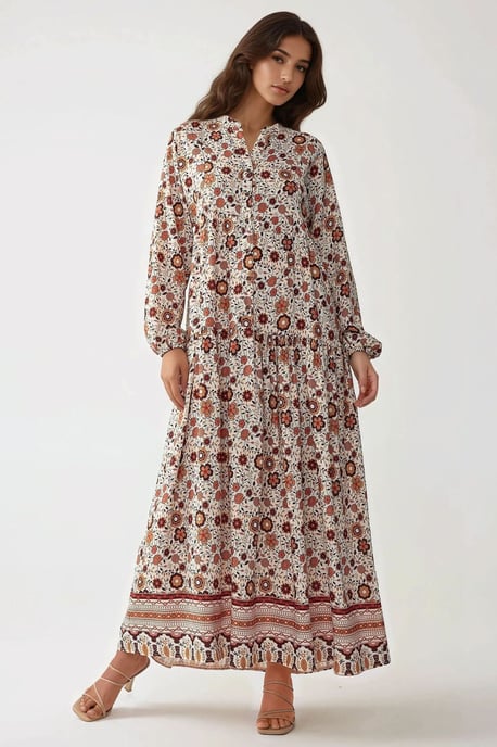 Geprinte V-hals Maxi-jurk met Knopen - Image 3