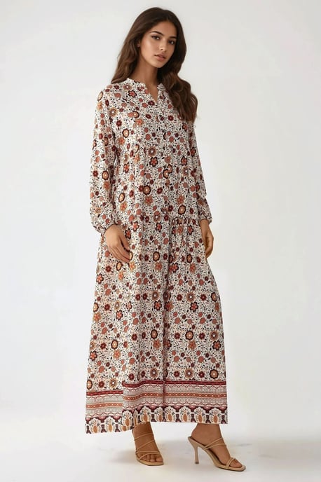 Geprinte V-hals Maxi-jurk met Knopen - Image 4