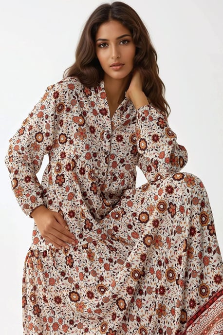 Geprinte V-hals Maxi-jurk met Knopen - Image 5