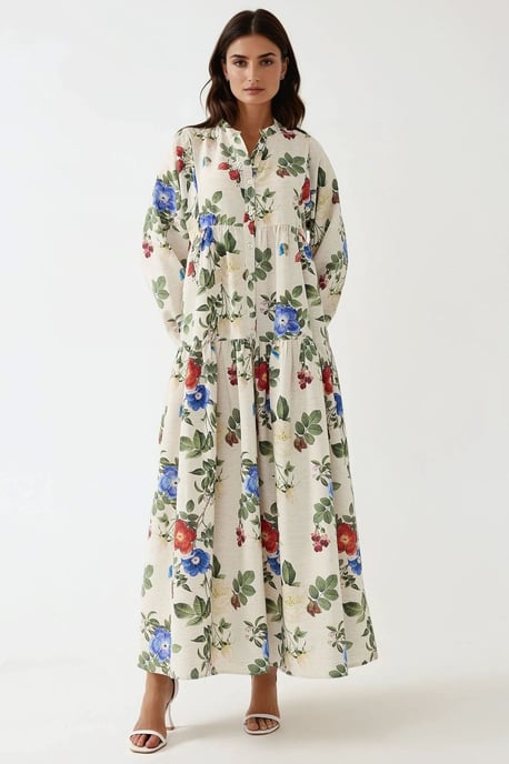 Bloemen Linnen Voel Crew Neck Maxi Jurk - Image 1