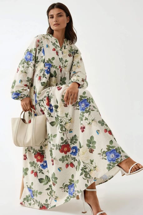 Bloemen Linnen Voel Crew Neck Maxi Jurk - Image 2