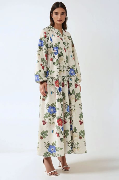 Bloemen Linnen Voel Crew Neck Maxi Jurk - Image 3