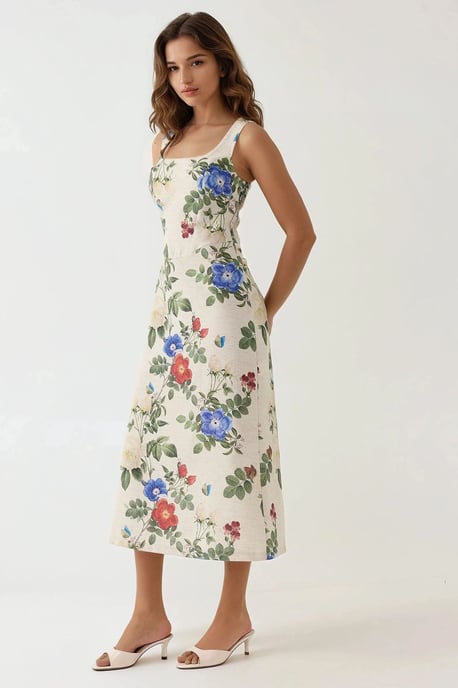 Linne-känsla Blommig Mönstrad Maxiklänning med Bakre Elastisk Detalj - Image 3