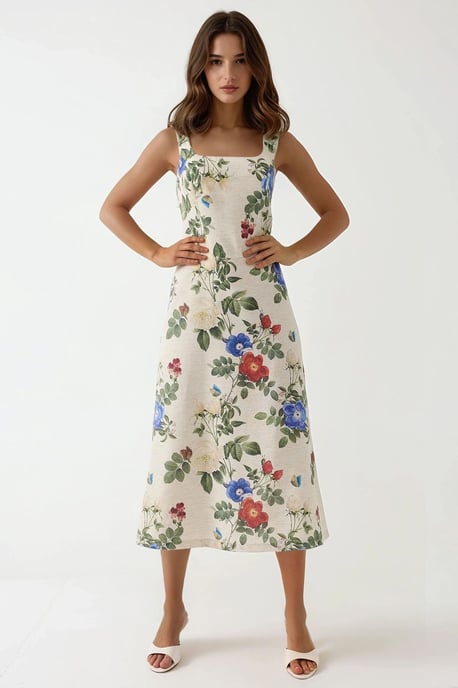 Linne-känsla Blommig Mönstrad Maxiklänning med Bakre Elastisk Detalj - Image 5