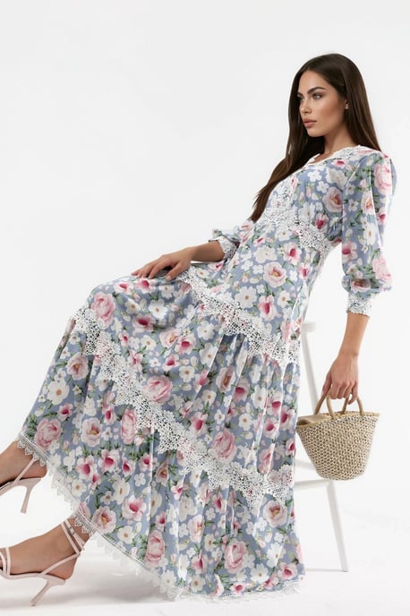Maxi-jurk met V-hals en bloemenkantdetails - Image 2