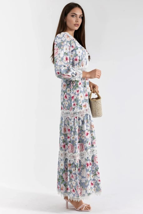 Maxi-jurk met V-hals en bloemenkantdetails - Image 3