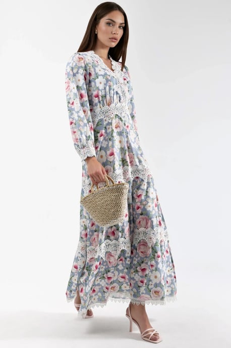 Maxi-jurk met V-hals en bloemenkantdetails - Image 6