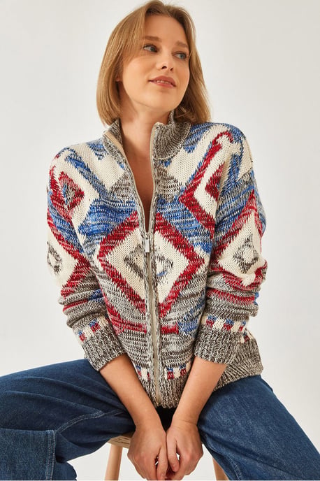 Geometric Pattern Zipper Collar Cardigan - Image 1
