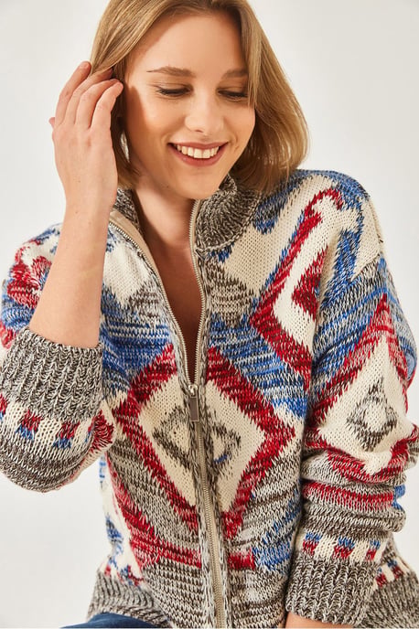 Geometric Pattern Zipper Collar Cardigan - Image 2
