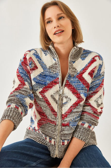 Geometric Pattern Zipper Collar Cardigan - Image 3