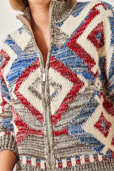 Geometric Pattern Zipper Collar Cardigan - Image 4