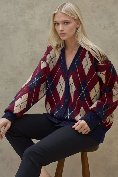 Long V-Neck Geometric Knitwear Cardigan with Buttons - Image 1