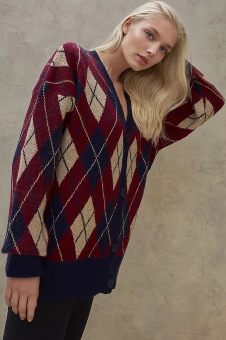 Long V-Neck Geometric Knitwear Cardigan with Buttons - Image 2