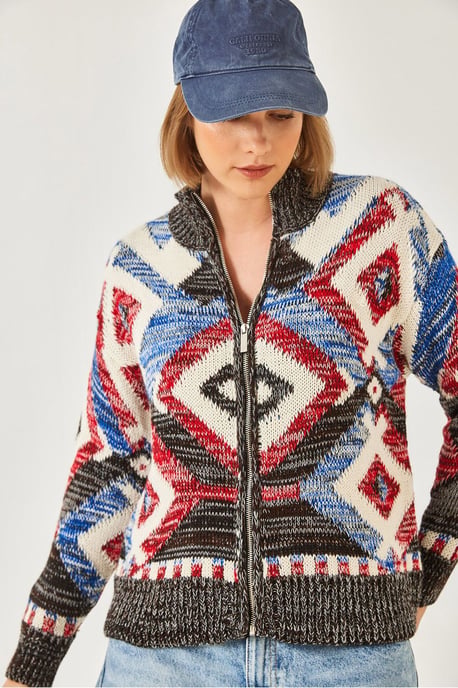Geometric Pattern Zipper Collar Cardigan - Image 1