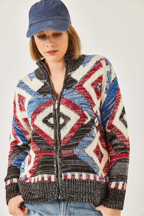 Geometric Pattern Zipper Collar Cardigan - Image 2