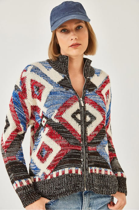 Geometric Pattern Zipper Collar Cardigan - Image 3