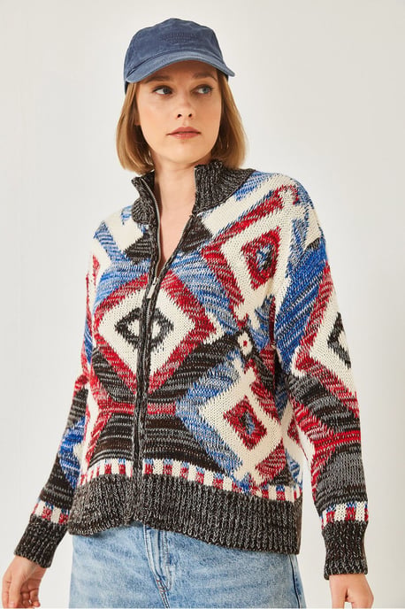 Geometric Pattern Zipper Collar Cardigan - Image 4