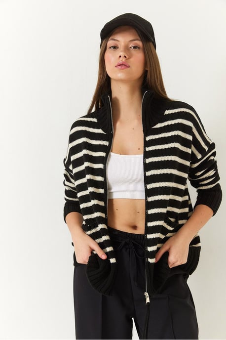 Randig zip-up stickad cardigan med fickor - Image 2
