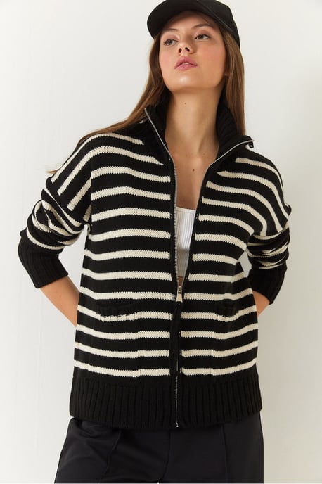 Randig zip-up stickad cardigan med fickor - Image 3