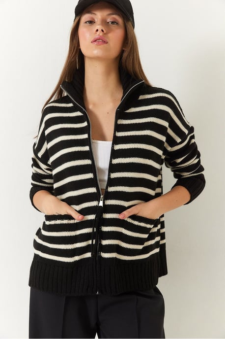 Randig zip-up stickad cardigan med fickor - Image 4