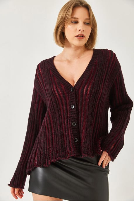 Randig ribbad stickad cardigan med V-hals - Image 2