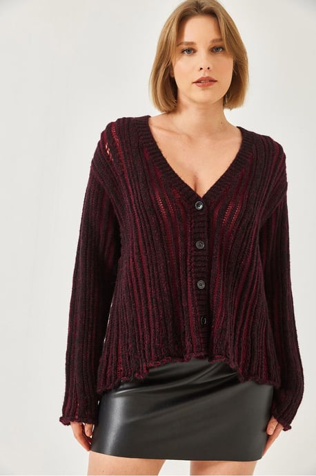 Randig ribbad stickad cardigan med V-hals - Image 3