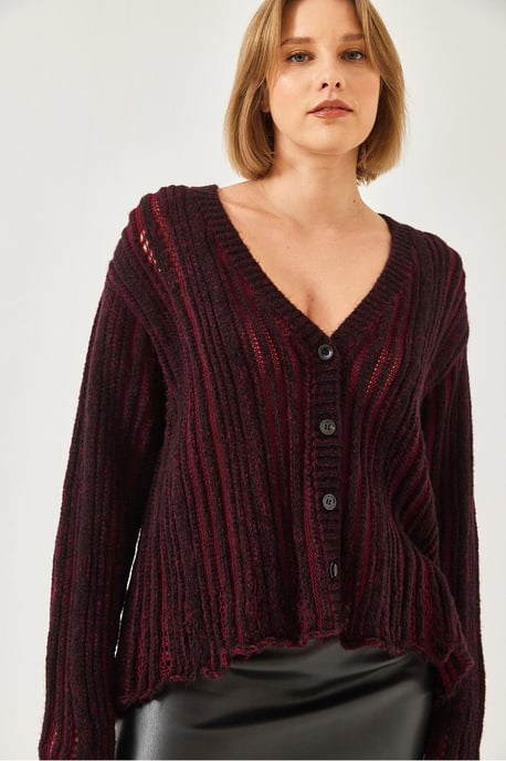 Randig ribbad stickad cardigan med V-hals - Image 4