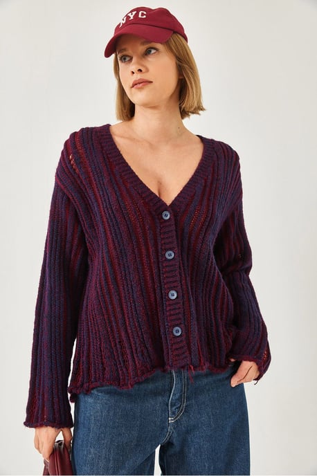 Randig ribbad stickad cardigan med V-hals - Image 2