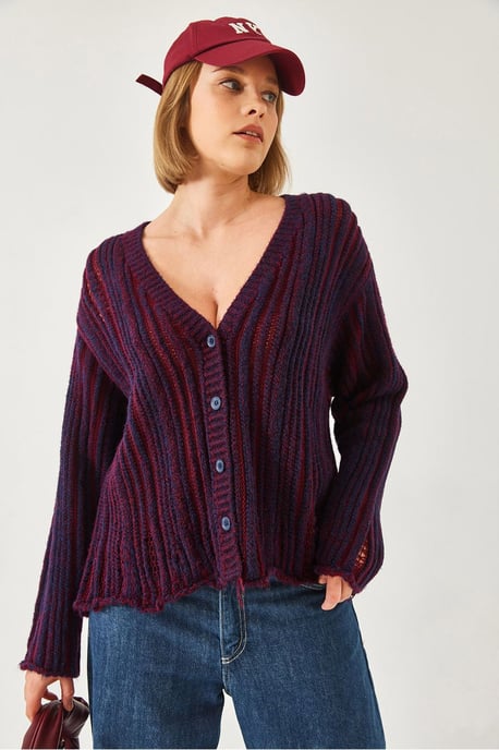 Randig ribbad stickad cardigan med V-hals - Image 3