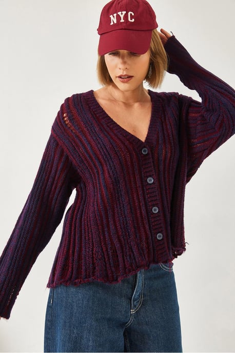 Randig ribbad stickad cardigan med V-hals - Image 4