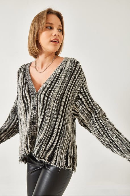 Randig Ribbad Stickad Cardigan med V-ringning - Image 2