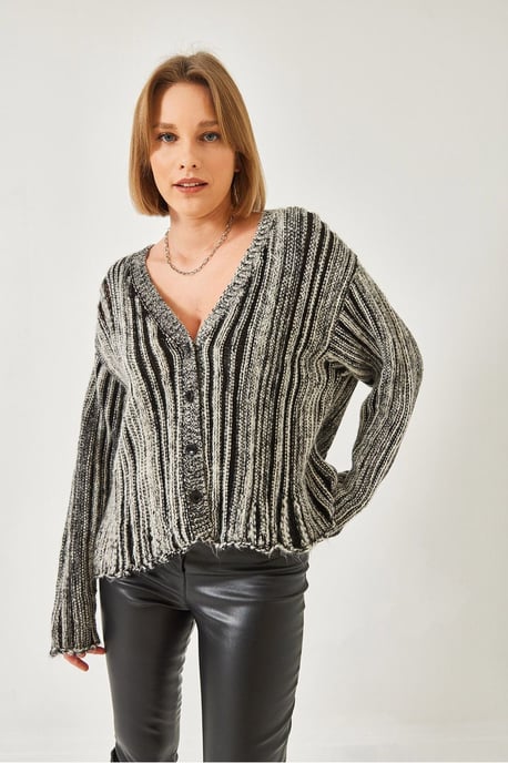 Randig Ribbad Stickad Cardigan med V-ringning - Image 3