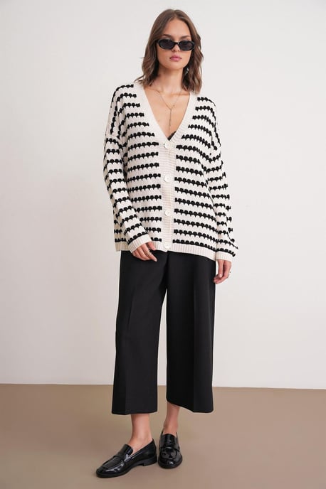 Randig Knappad Oversize Ribbad Stickad Cardigan - Image 2