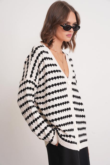 Randig Knappad Oversize Ribbad Stickad Cardigan - Image 3