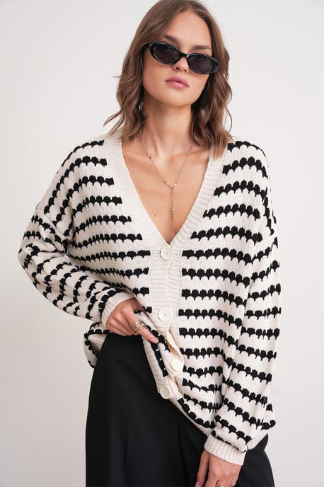Randig Knappad Oversize Ribbad Stickad Cardigan - Image 4