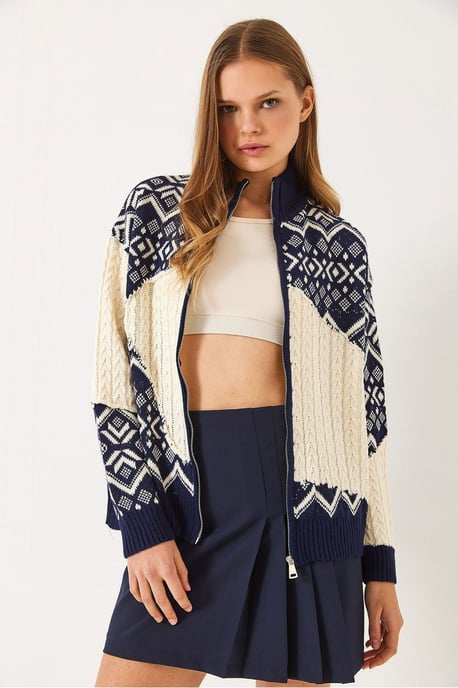 Geometrisk Mönster Dragkedja Krage Cardigan - Image 2