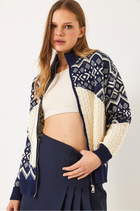 Geometrisk Mönster Dragkedja Krage Cardigan - Image 3