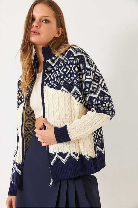 Geometrisk Mönster Dragkedja Krage Cardigan - Image 4